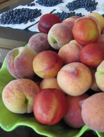 Bowl of fresh peaches and blueberries